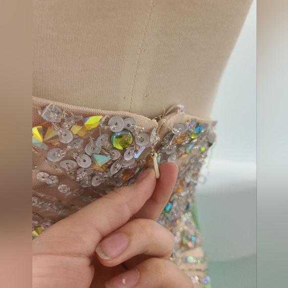 Fabuluxe Couture Green Chiffon Dress with Crystal Corsetted Bodice Size 14 - Picture 3 of 4